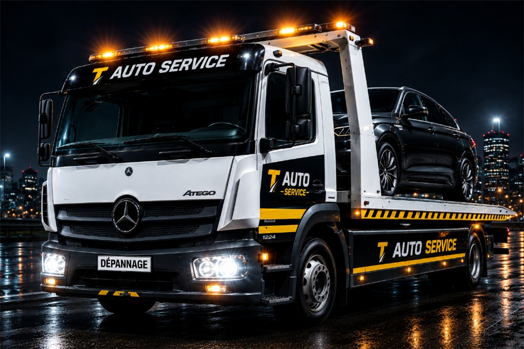 Camion dépanneuse T Auto Services en intervention de nuit, remorquage 24h/24 Île-de-France
